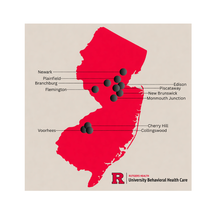 Map of New Jersey showing Rutgers Health University Behavioral Health Care locations in Newark, Branchburg, Flemington, Edison, Piscataway, New Brunswick, Monmouth Junction, Cherry Hill, Collingswood, and Voorhees.